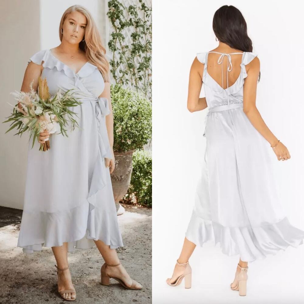 Show Me Your Mumu Samantha Ruffle Wrap Dress In Silver Luxe Satin Size 2X New